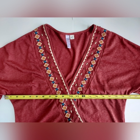 NWOT Ladies M Alya Francesca's Embroidered Beaded Wrap Rust Linen Blend Top - Picture 6 of 7